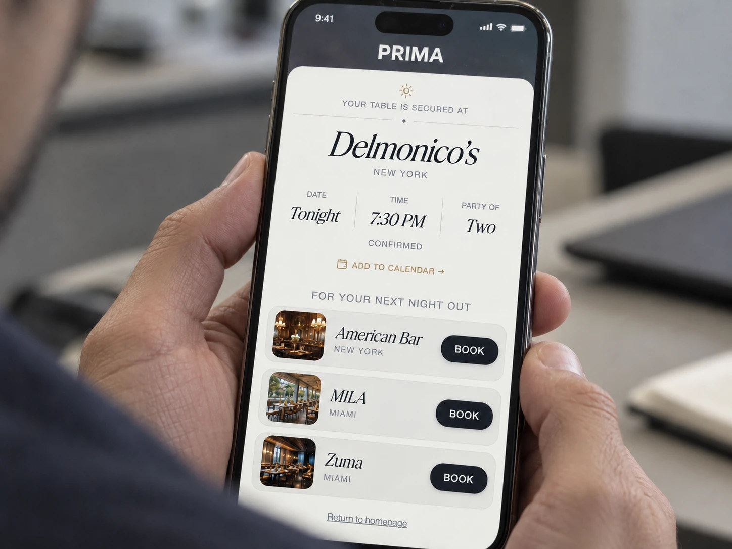 A PRIMA booking confirmation on a phone, showing a confirmed table and other restaurants to book