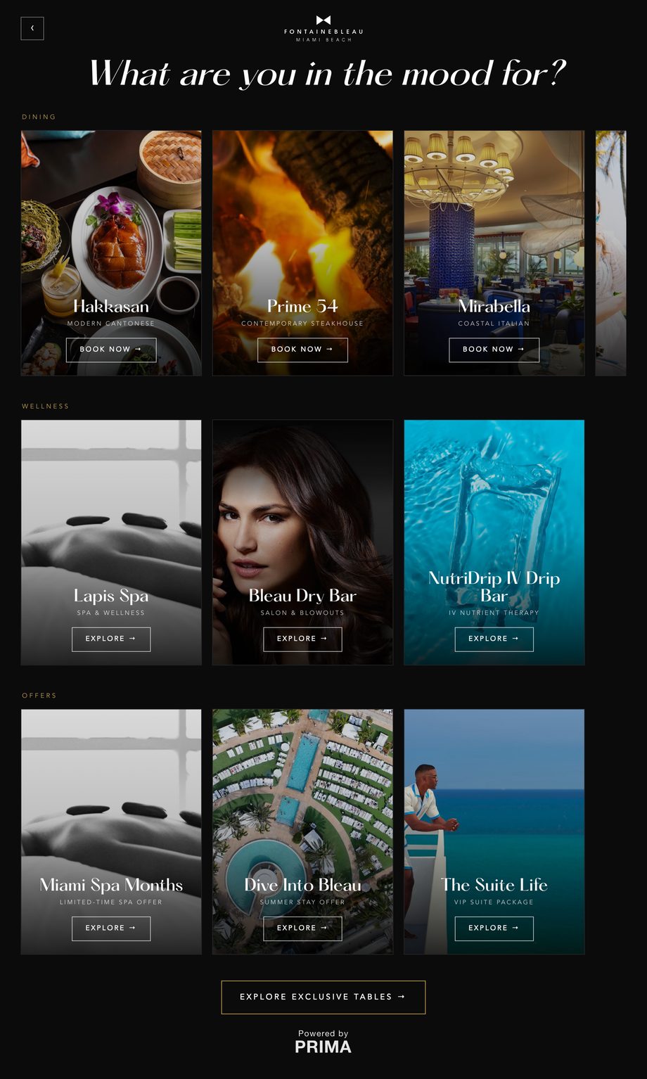 The Fontainebleau&rsquo;s own PRIMA page, with its restaurants, wellness and offers