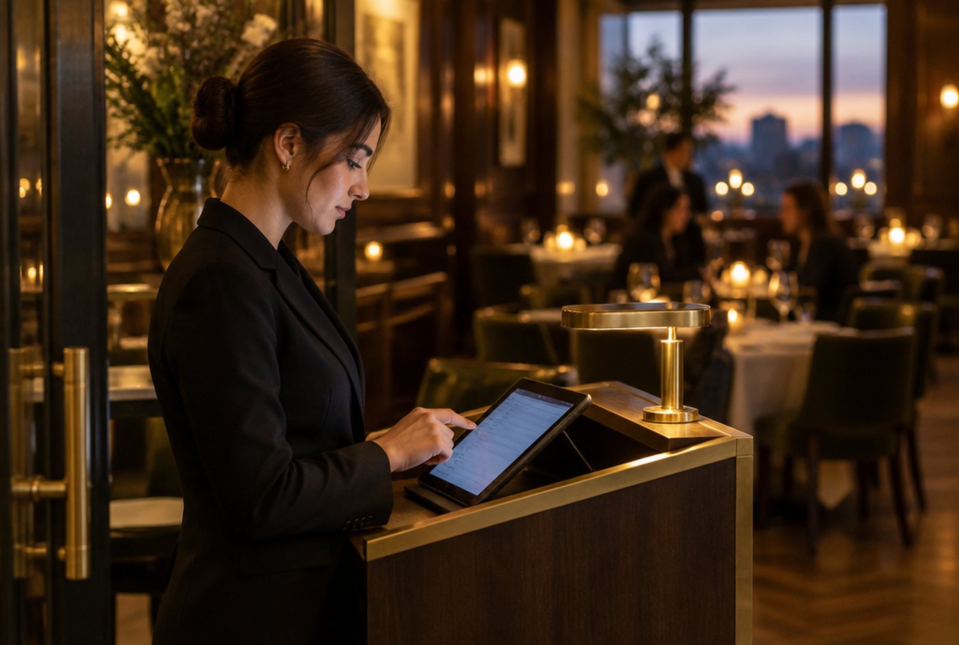 A host checking the evening&rsquo;s bookings at the host stand